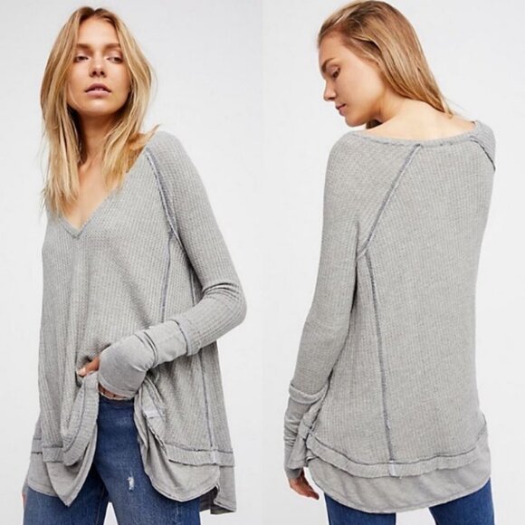 Free People Laguna Waffle Knit Thermal Grey Lightweight Size XS Bohemian Sweater - Picture 1 of 14